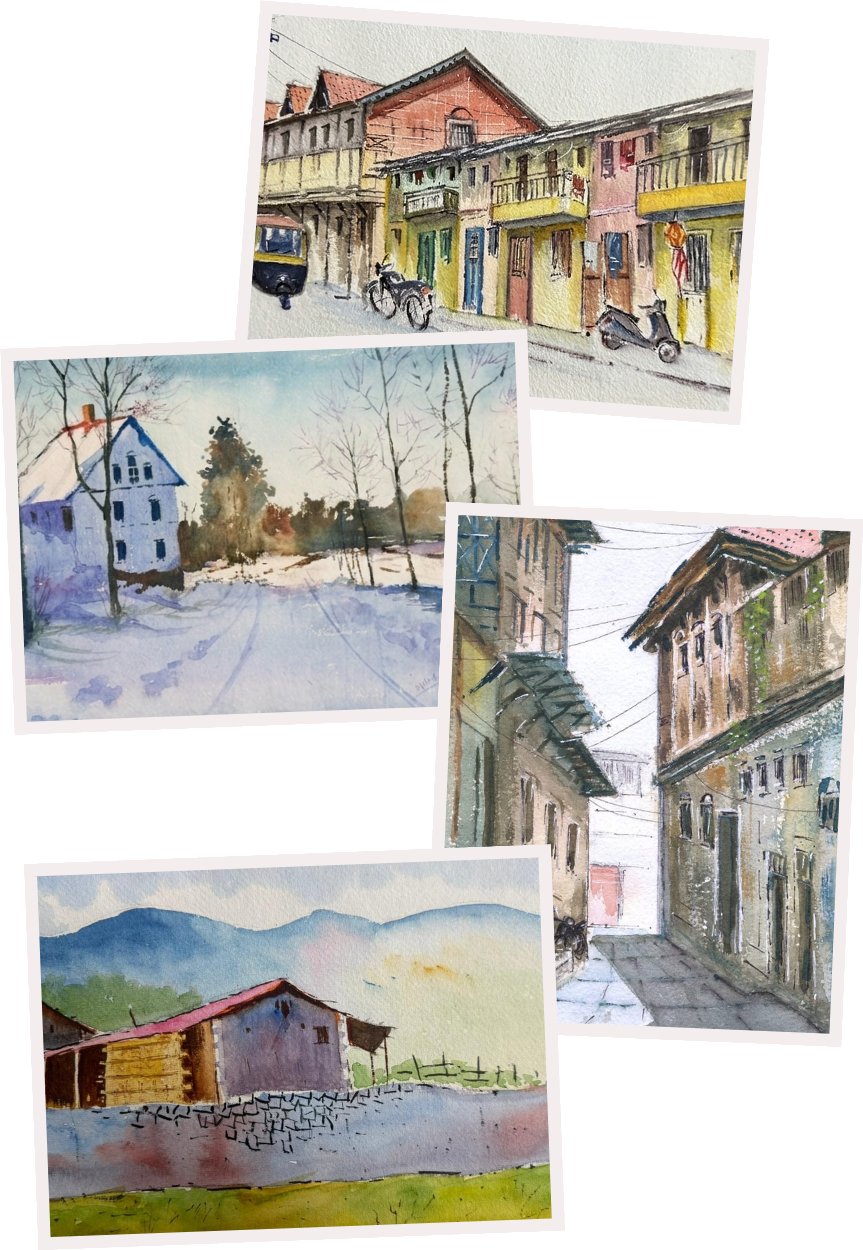 A collage of Milind's watercolor paintings